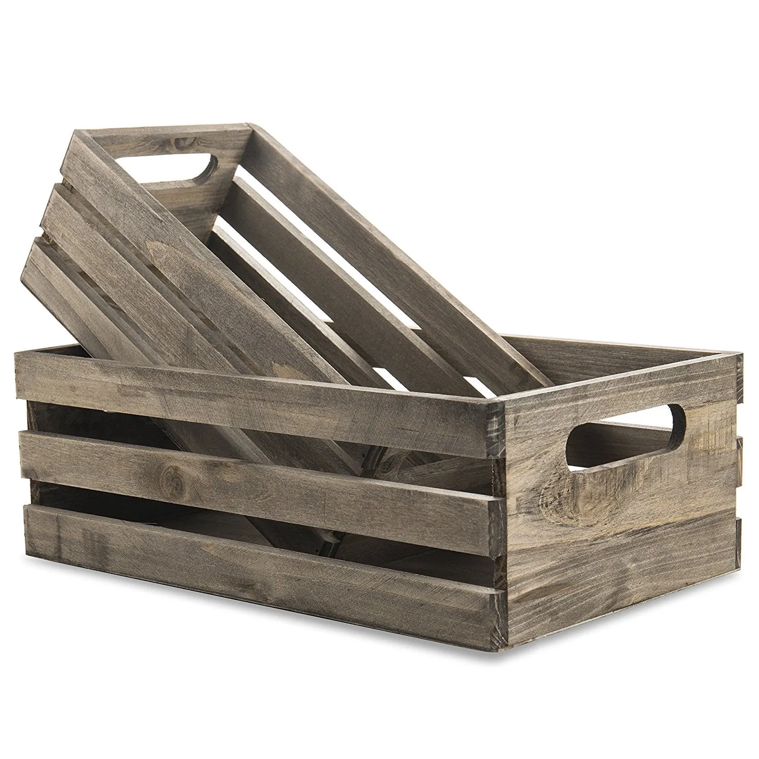 Distressed Wood Nesting Boxes, Storage Crates w/ Handles, Set of 2, Gray
