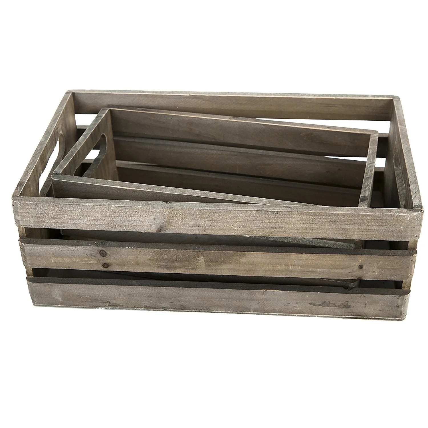 Distressed Wood Nesting Boxes, Storage Crates w/ Handles, Set of 2, Gray