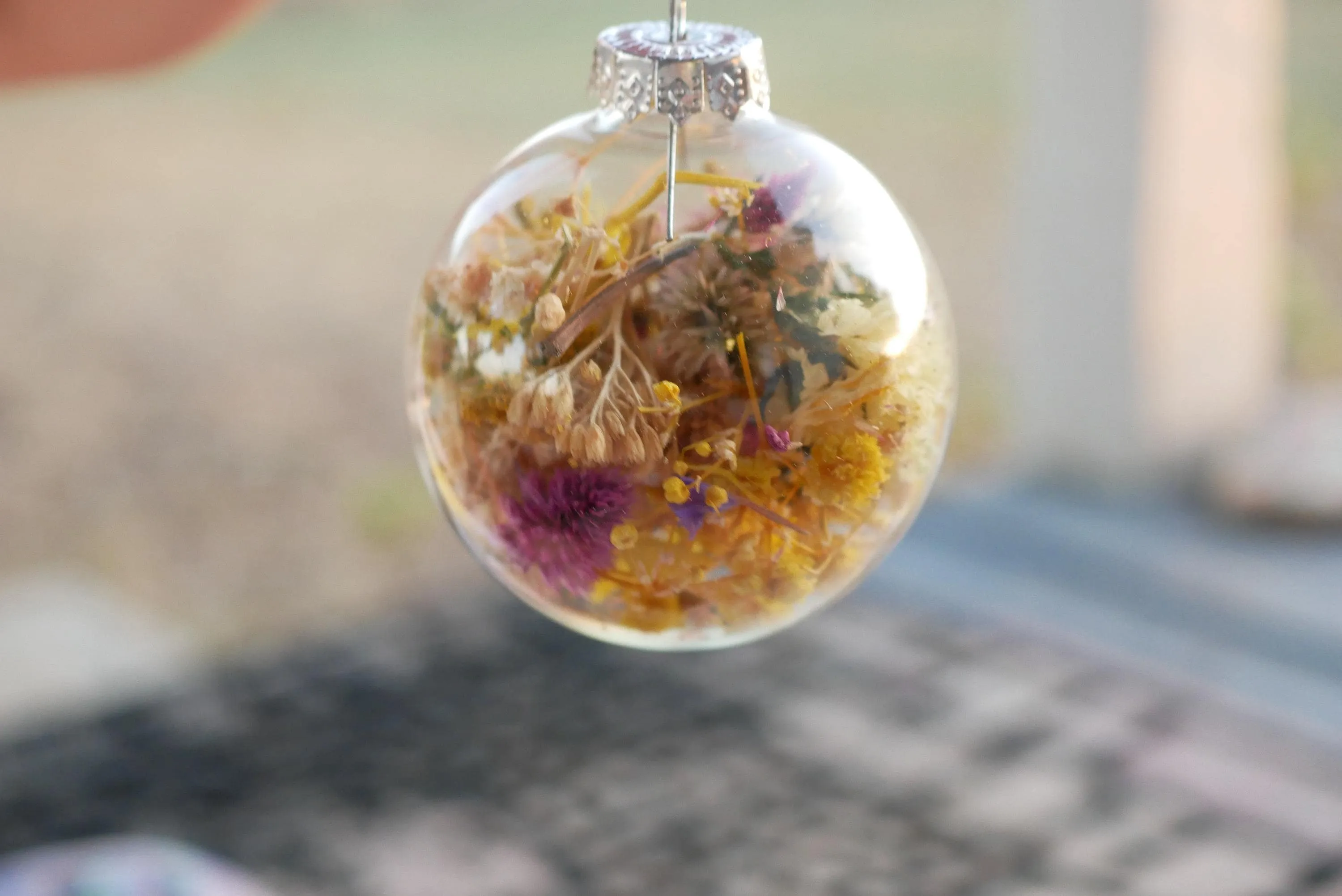Dried flower ornaments, glass baubles