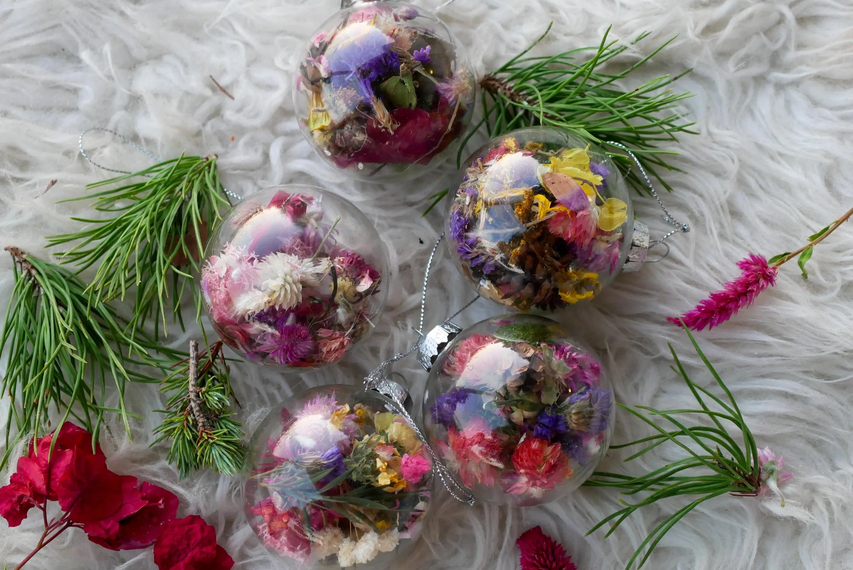 Dried flower ornaments, glass baubles