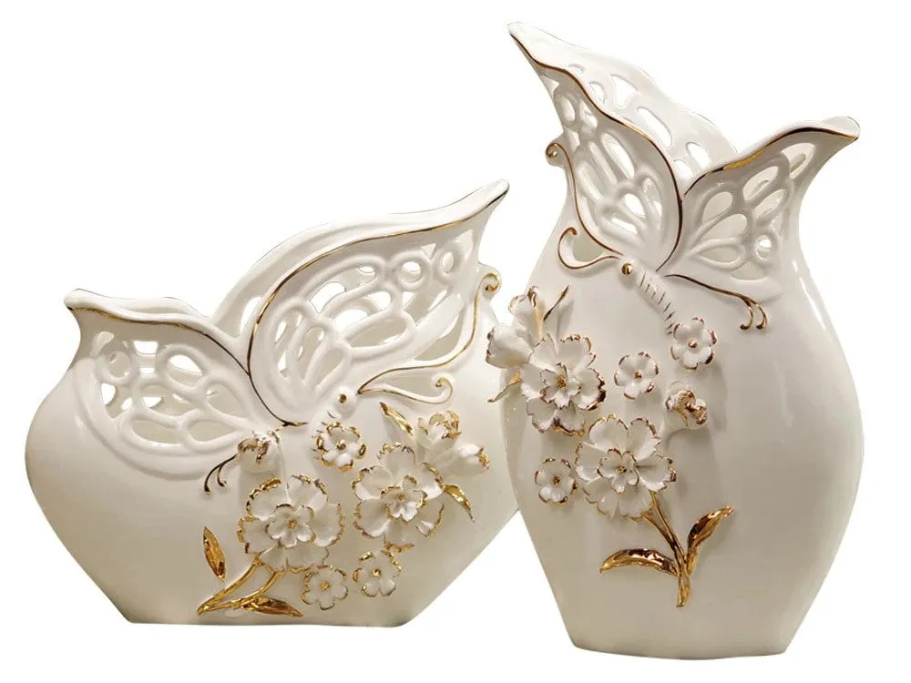 Elegant Pair of Porcelain Vases with Pinched Flowers – Basket-Weave Design and Golden Accents