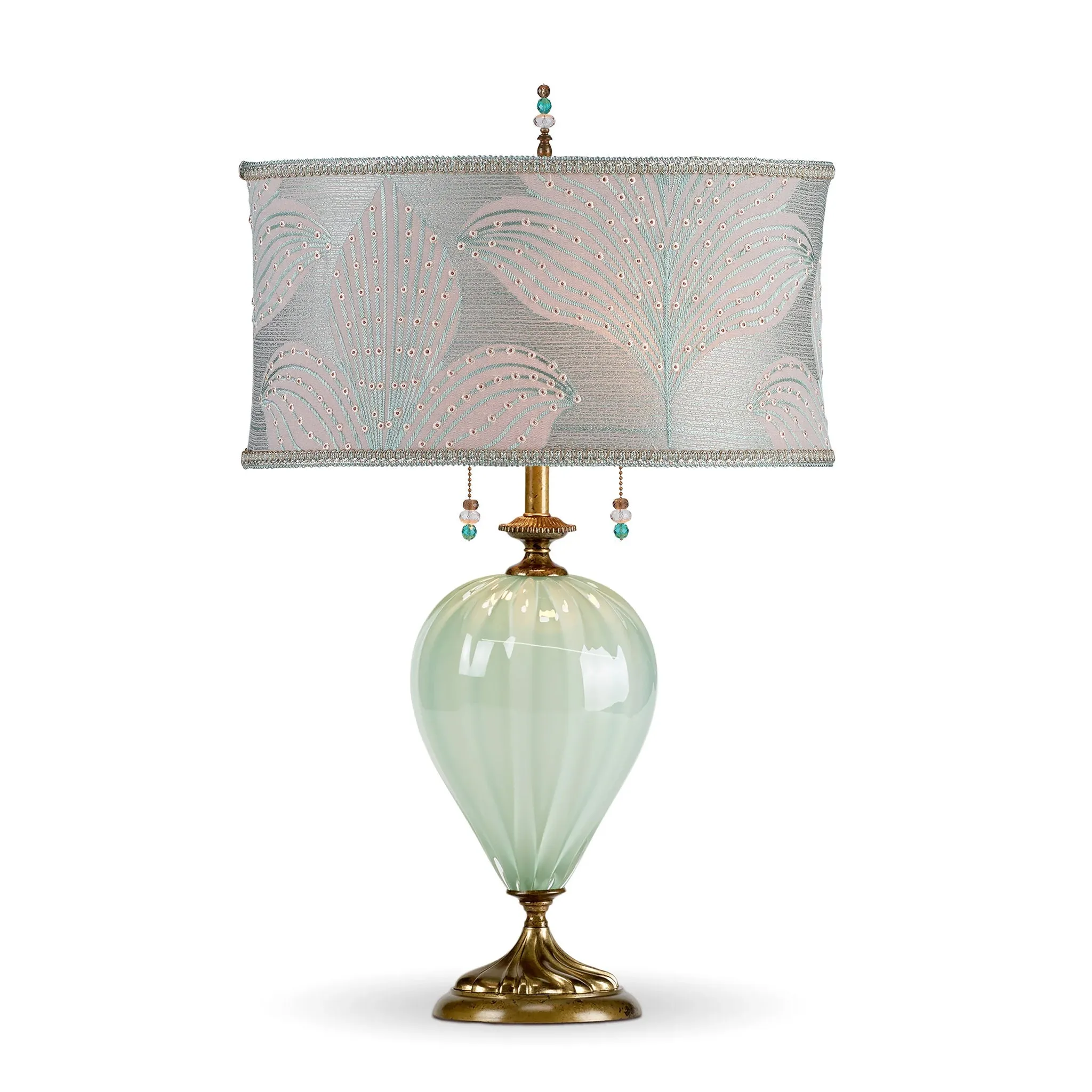 Emilia Table Lamp 106Af163 Sea Foam Colored Blown Glass Base with Embroidered Sea Foam Oval Shade by Kinzig Design