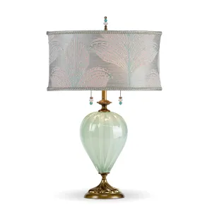 Emilia Table Lamp 106Af163 Sea Foam Colored Blown Glass Base with Embroidered Sea Foam Oval Shade by Kinzig Design
