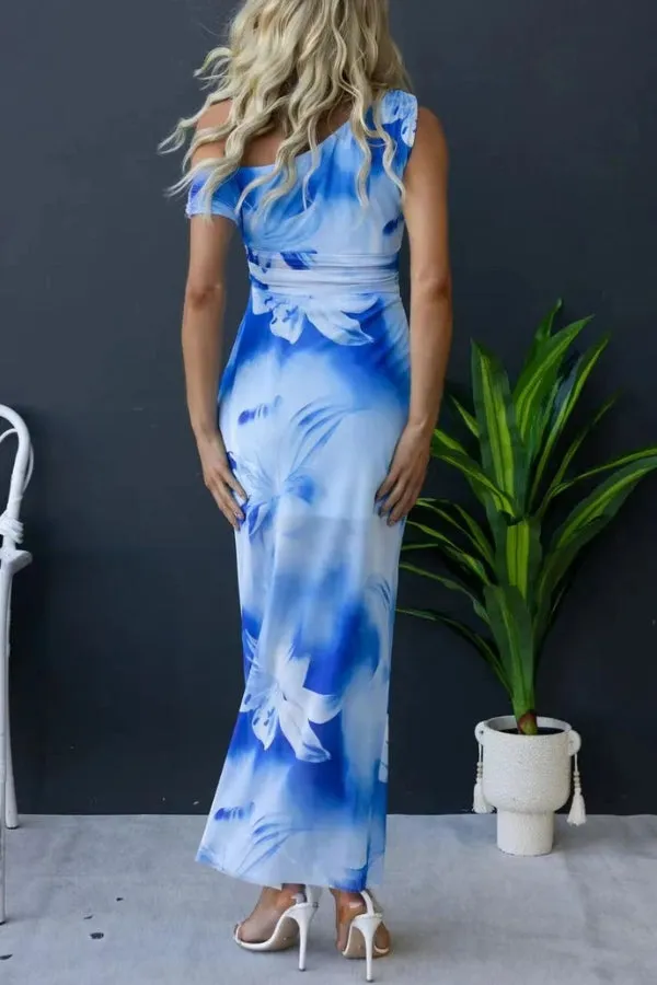 Escala Mesh Overlay Floral Print One Shoulder Cross Detail Slit Stretch Maxi Dress
