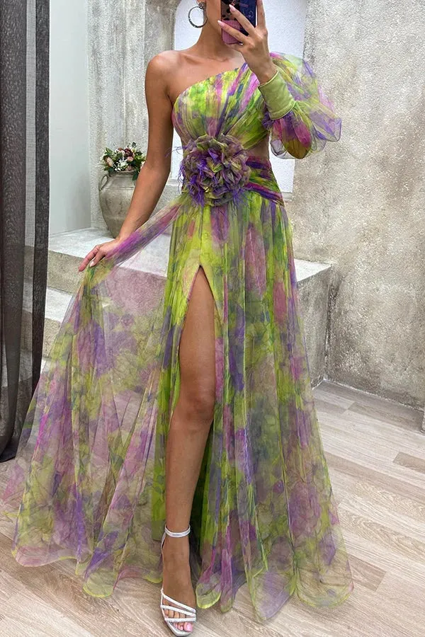 Floral Decor Chiffon Print One Shoulder Evening Gown Maxi Dresses