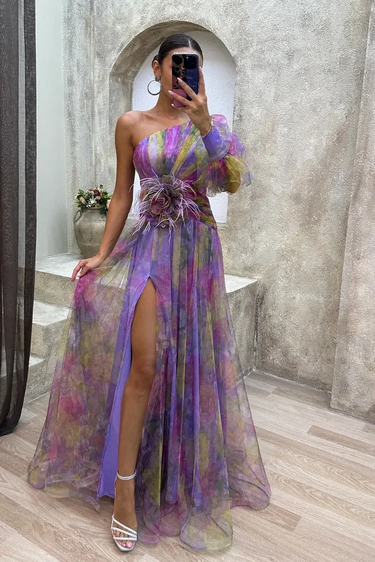 Floral Decor Chiffon Print One Shoulder Evening Gown Maxi Dresses