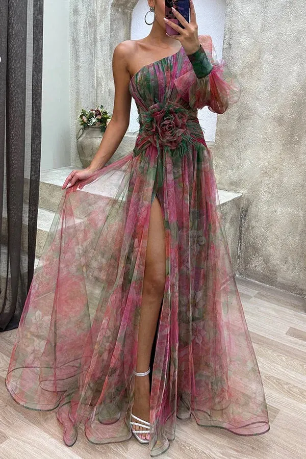 Floral Decor Chiffon Print One Shoulder Evening Gown Maxi Dresses