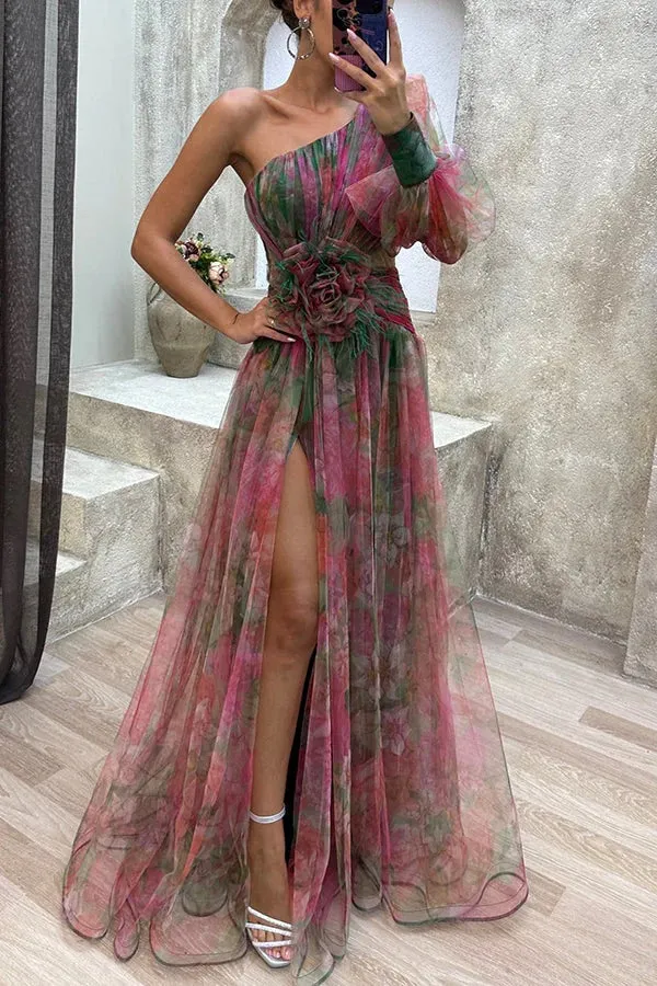 Floral Decor Chiffon Print One Shoulder Evening Gown Maxi Dresses