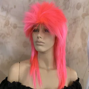 Fluro Pink 80's Deluxe Mullet Wig