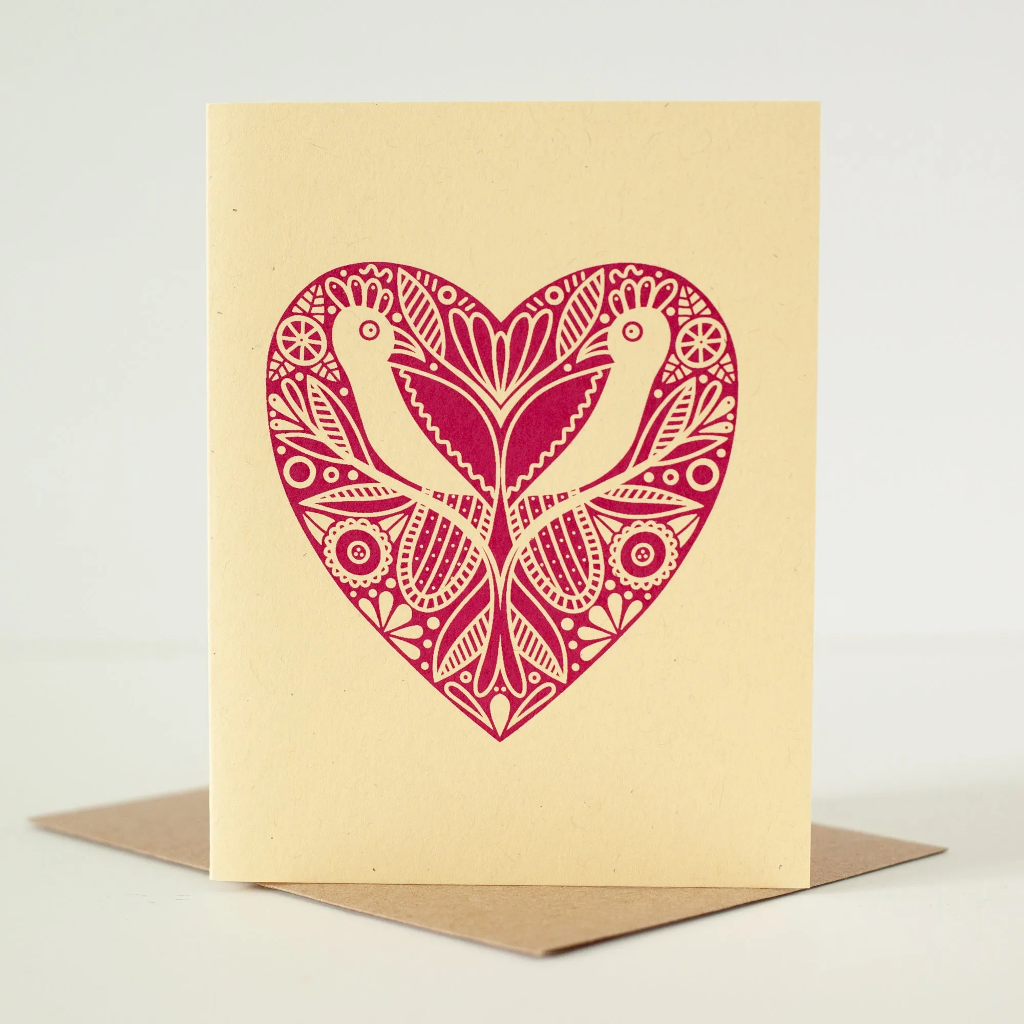 folk art heart card, blank decorative card for any occasion in burgundy