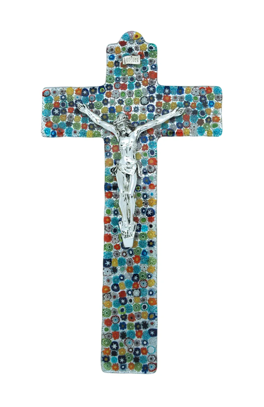 Genuine Murano Glass Crucifix with Multi-Colored Flowers - 13 in.