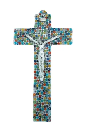 Genuine Murano Glass Crucifix with Multi-Colored Flowers - 13 in.