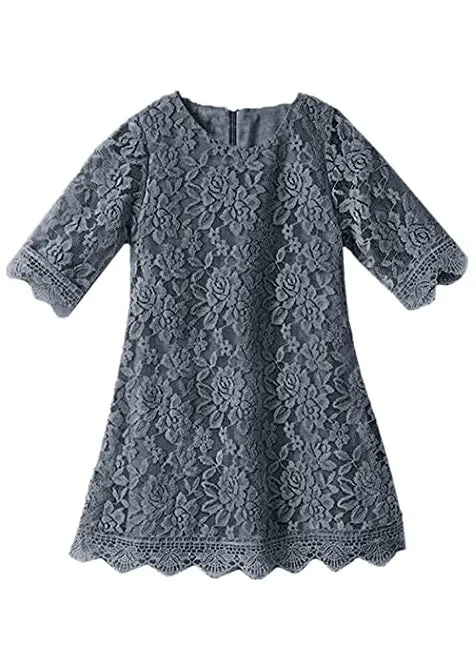 Girls' Boho Floral Lace Scalloped Hem Dress in Dark Gray