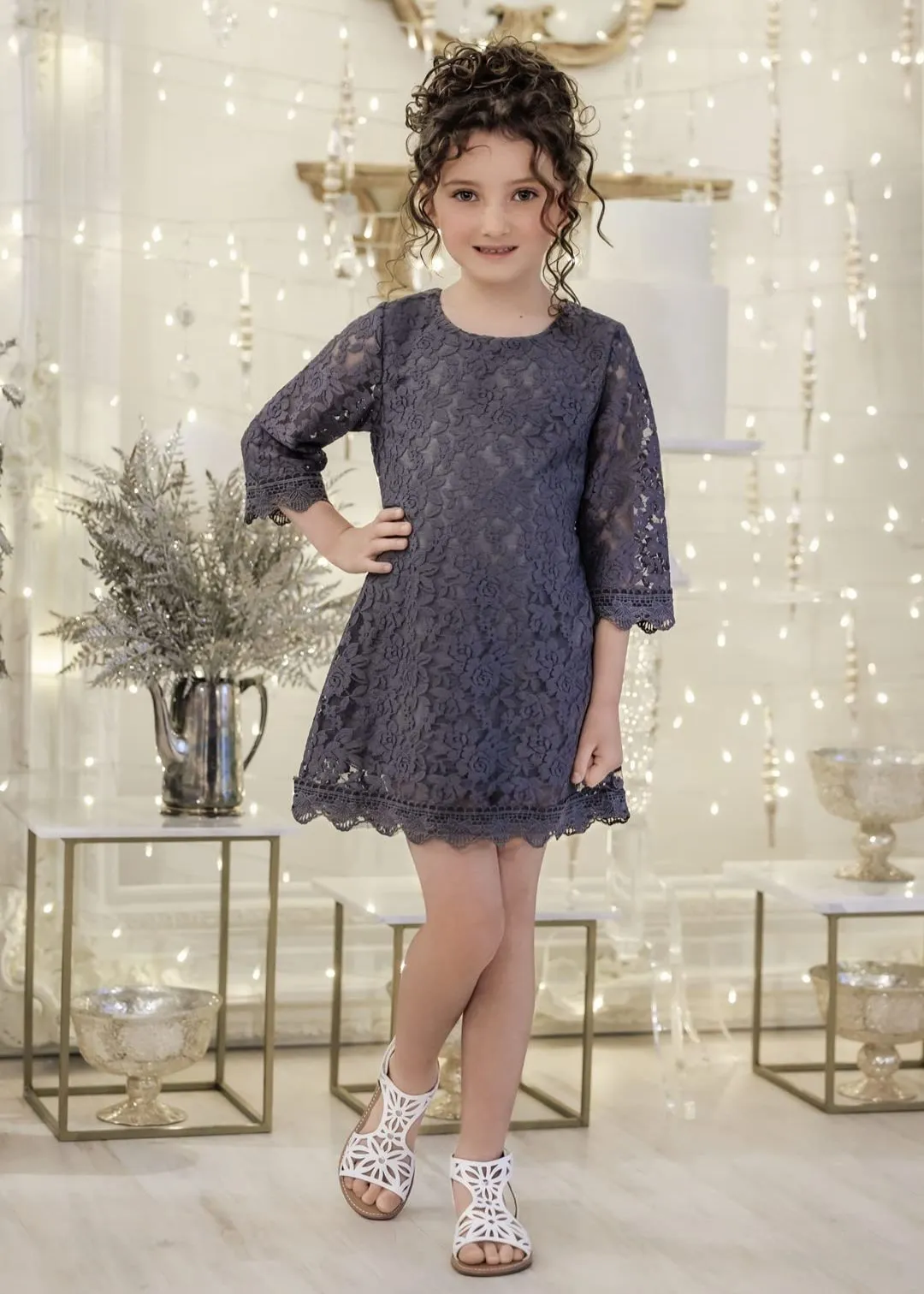 Girls' Boho Floral Lace Scalloped Hem Dress in Dark Gray