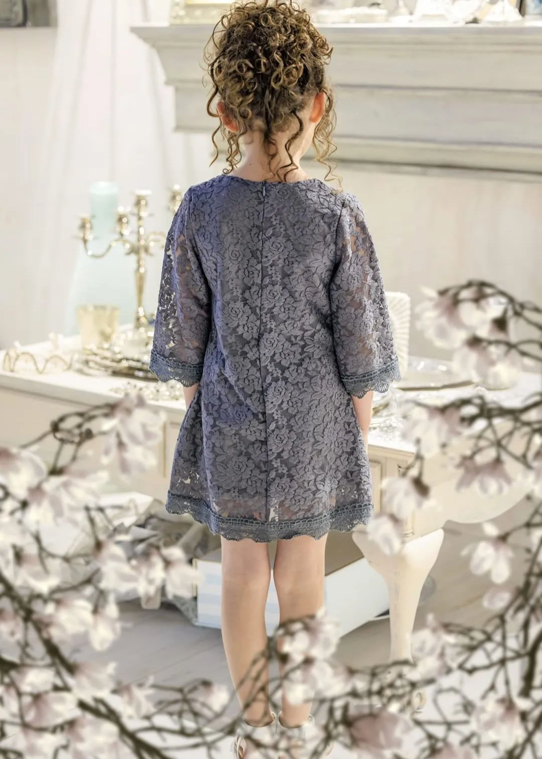 Girls' Boho Floral Lace Scalloped Hem Dress in Dark Gray