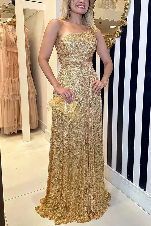 Glamour of Disco Sequin One Shoulder Cutout Backless Maxi Dress