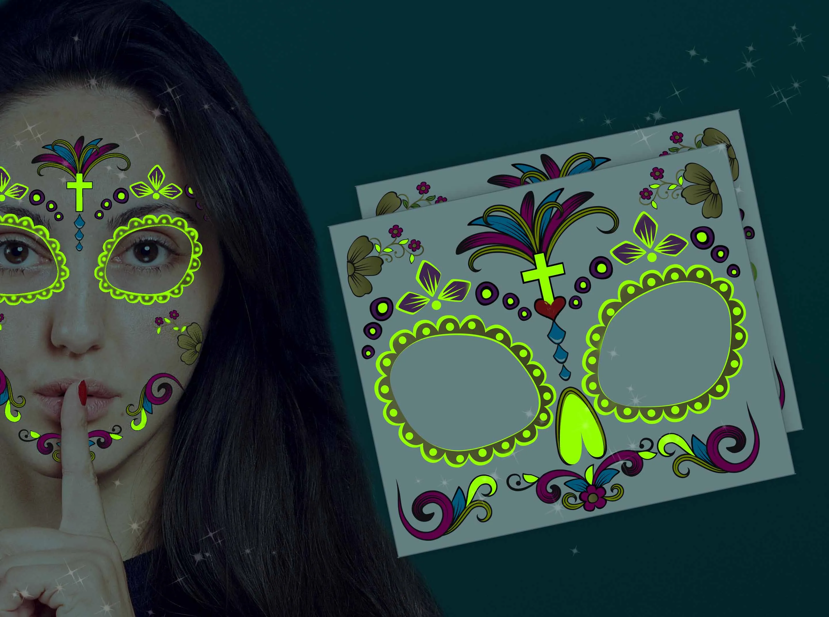 Glow-in-the-dark: Día de los Muertos face tattoo