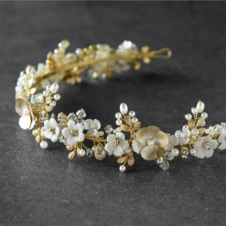 Gold Floral Tiara with Porcelain Flowers & Freshwater Pearls