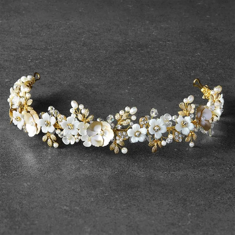Gold Floral Tiara with Porcelain Flowers & Freshwater Pearls