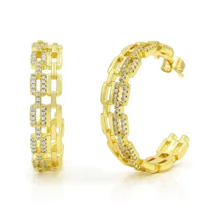 Gold Plated Micro Pave Double Row Paper Clip Hoop Earring
