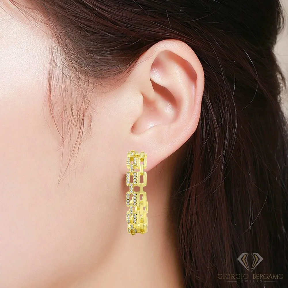 Gold Plated Micro Pave Double Row Paper Clip Hoop Earring
