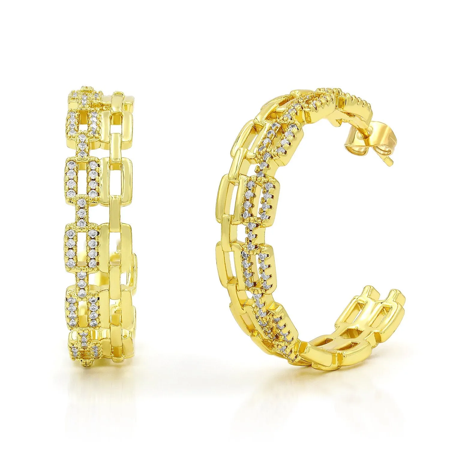Gold Plated Micro Pave Double Row Paper Clip Hoop Earring