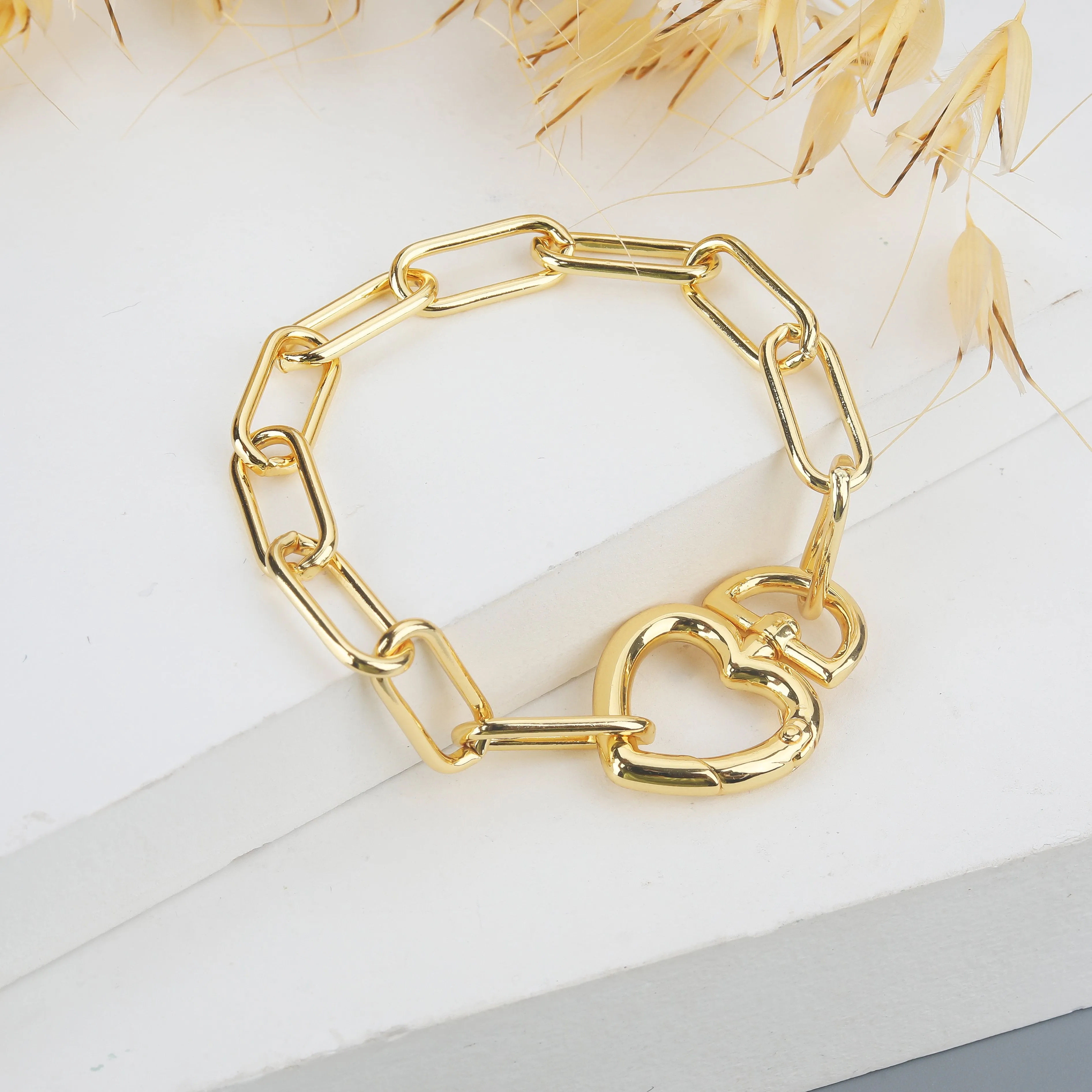 Gold Plated Paper Clip Heart Lock Bracelet