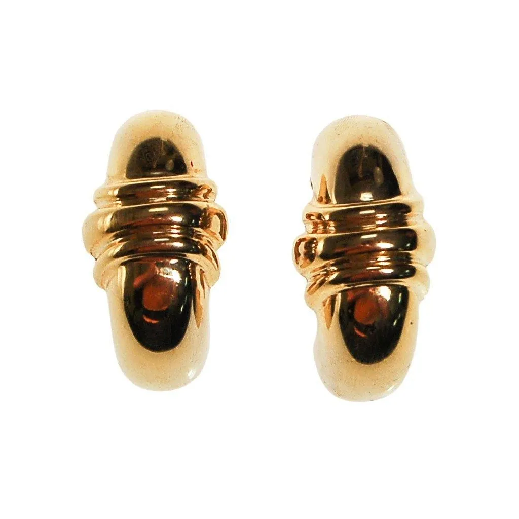 Gold Ribbed Hoop Earrings, Clip On, Designer Jewelry, Classic Style, 1980s