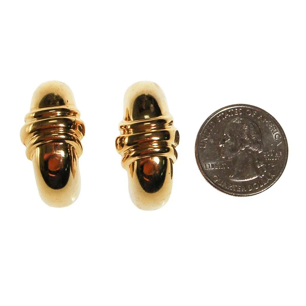 Gold Ribbed Hoop Earrings, Clip On, Designer Jewelry, Classic Style, 1980s
