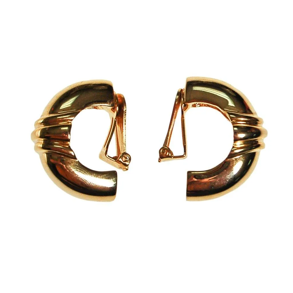Gold Ribbed Hoop Earrings, Clip On, Designer Jewelry, Classic Style, 1980s