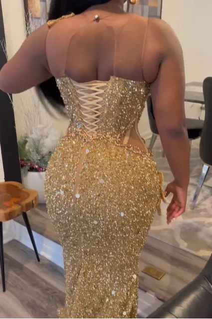 Gold Sleeveless Flowers Sequin Column Floor length Sparkle Prom Dresses