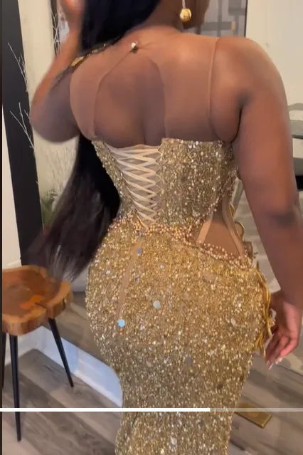 Gold Sleeveless Flowers Sequin Column Floor length Sparkle Prom Dresses
