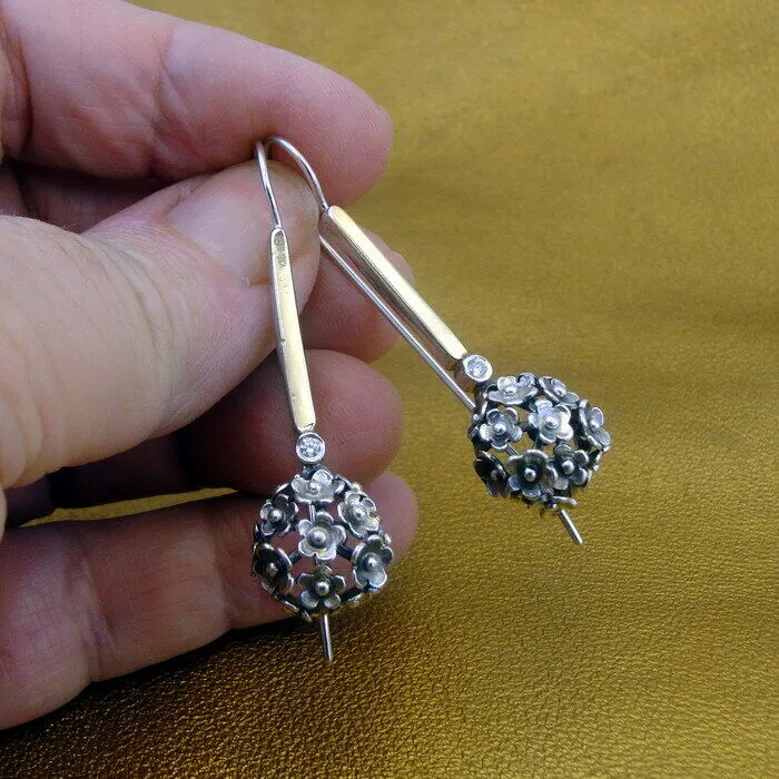 Hadar Designers 9k Yellow Gold 925 Silver Zircon Floral Earrings Handmade (MS) y