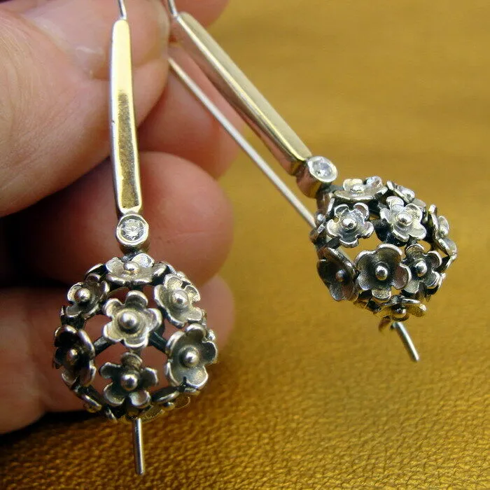 Hadar Designers 9k Yellow Gold 925 Silver Zircon Floral Earrings Handmade (MS) y