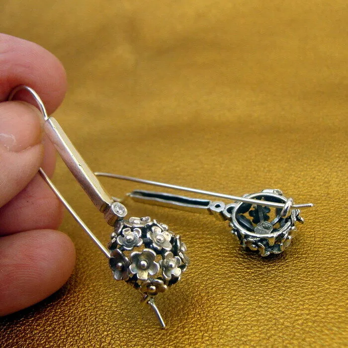 Hadar Designers 9k Yellow Gold 925 Silver Zircon Floral Earrings Handmade (MS) y