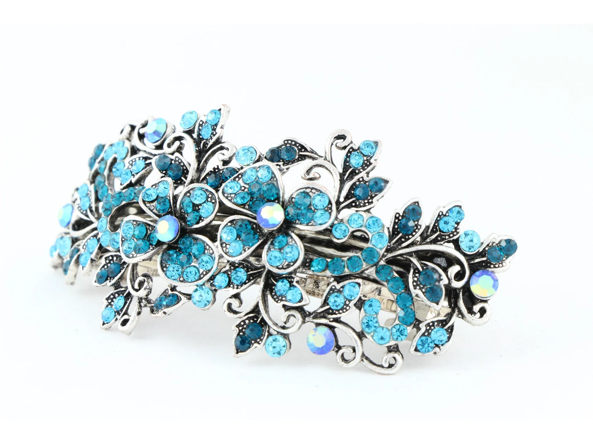 Hair barrette clip with butterfly flowers and leaves - Blue