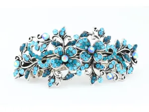 Hair barrette clip with butterfly flowers and leaves - Blue