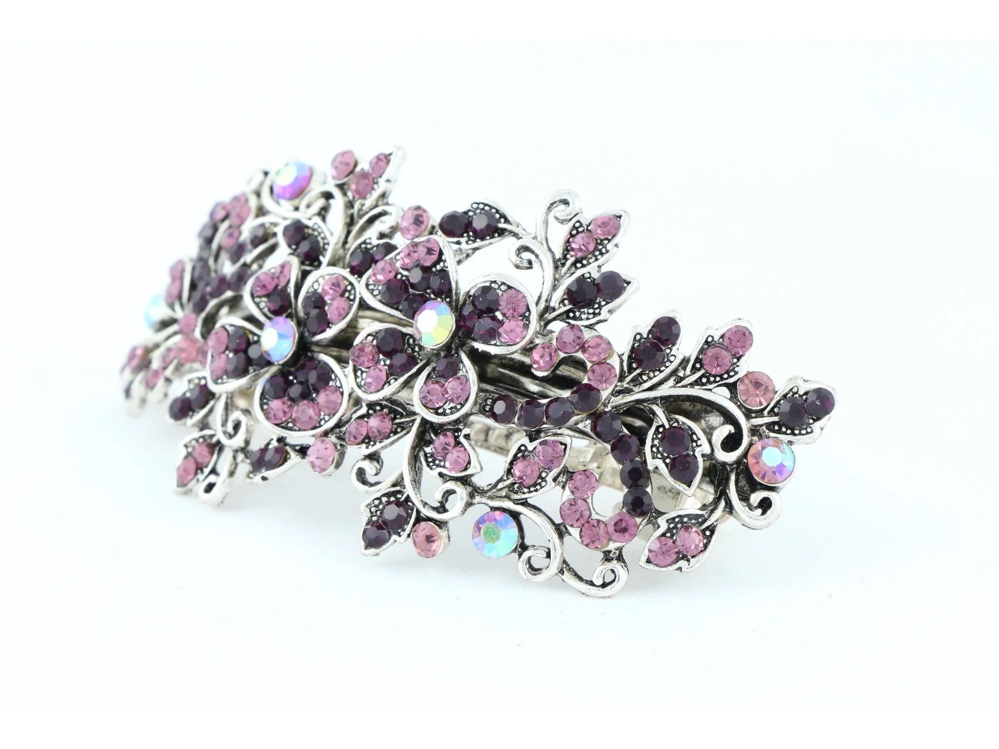 Hair barrette clip with butterfly flowers and leaves - Wine