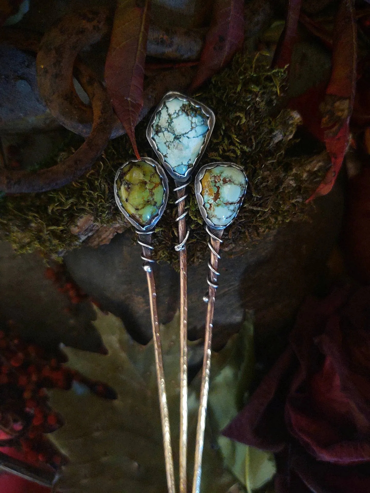 HAIR PIN • SHAWL PIN • Turquoise • Sterling Silver & Brass