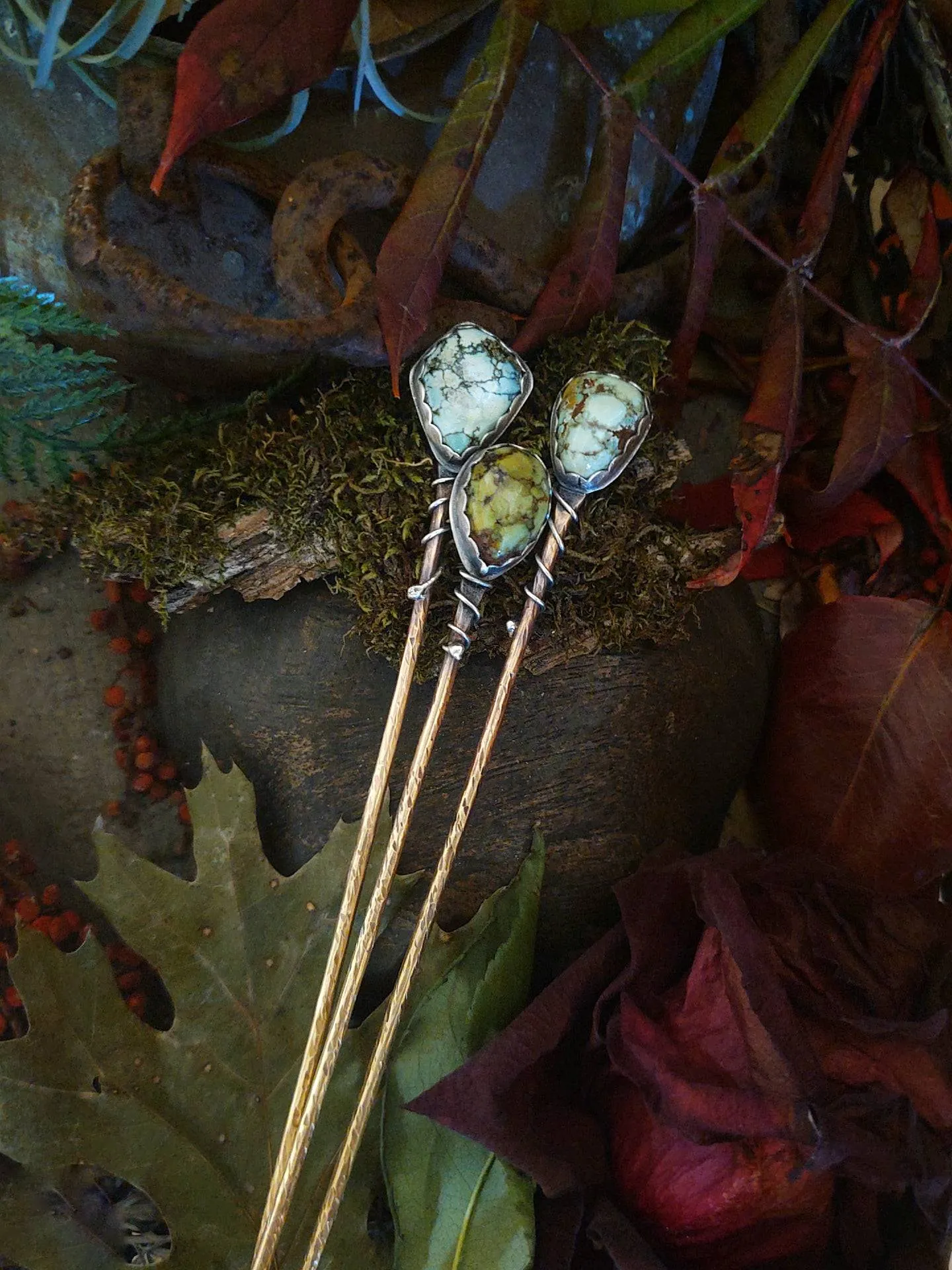 HAIR PIN • SHAWL PIN • Turquoise • Sterling Silver & Brass