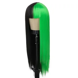 Half Black Half Neon Green Hair Wigs with Bangs