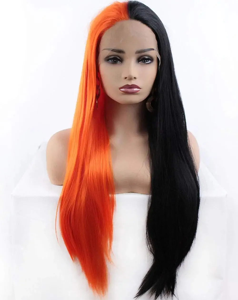 Half Black Half Orange Long Straight Lace Front  Wig