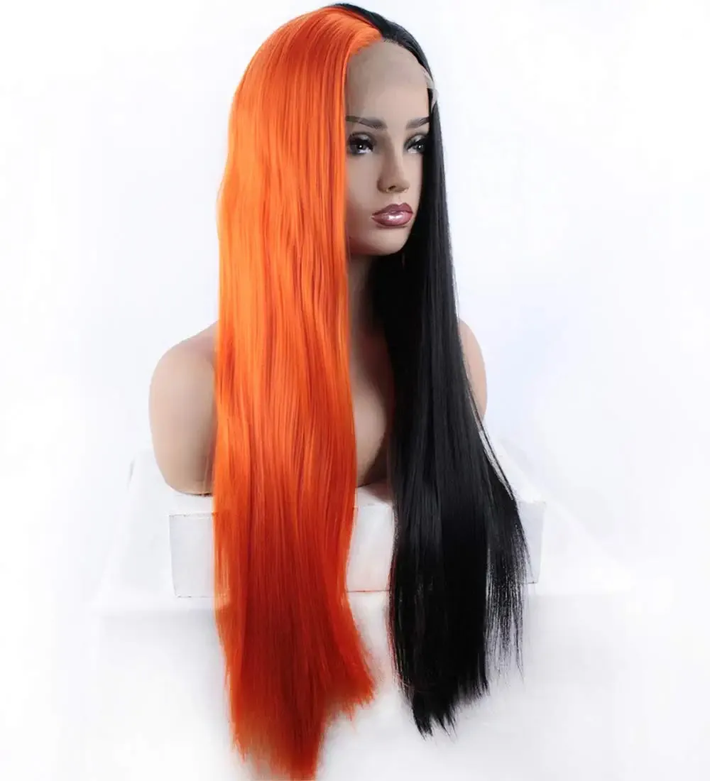 Half Black Half Orange Long Straight Lace Front  Wig