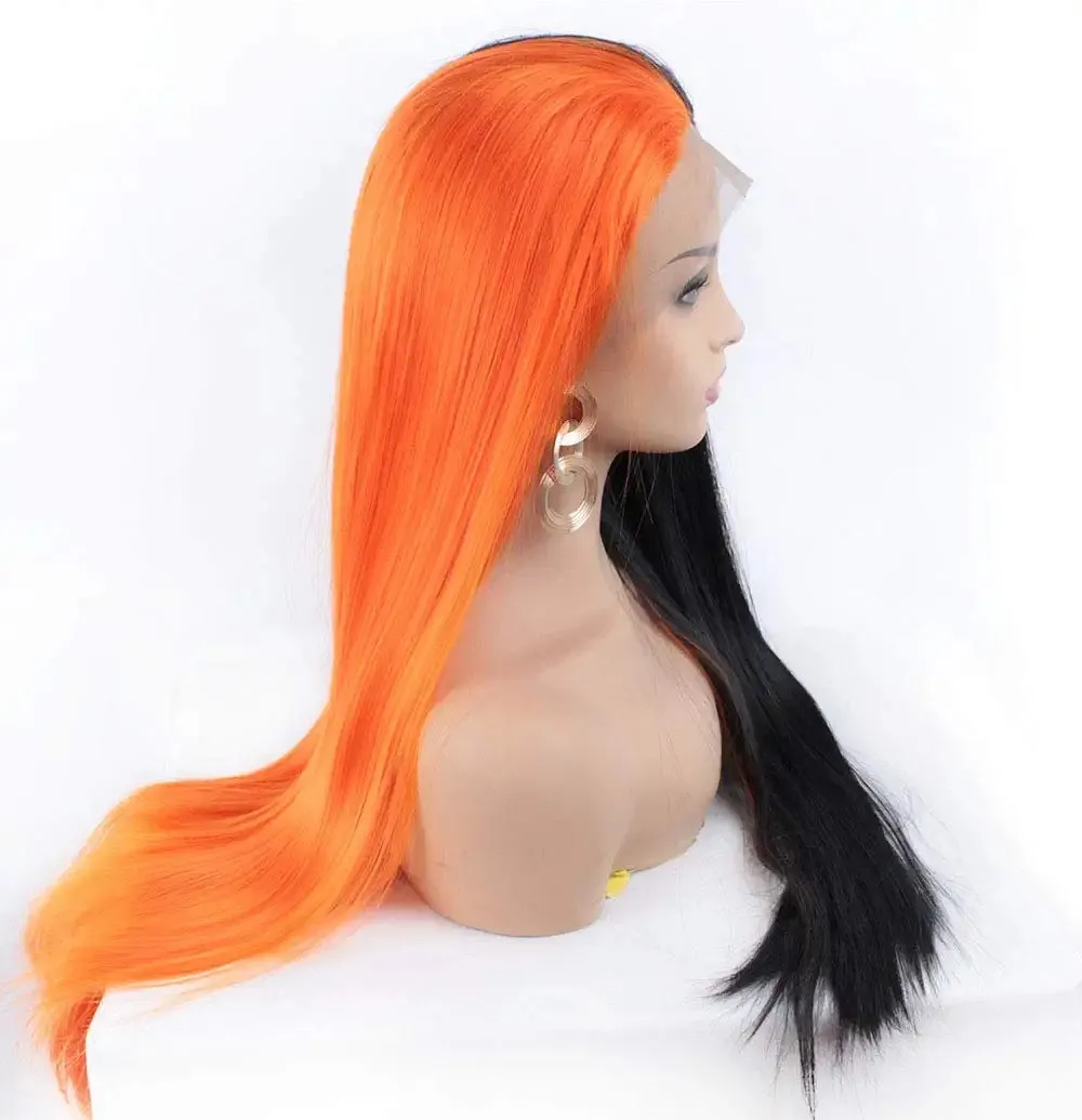 Half Black Half Orange Long Straight Lace Front  Wig