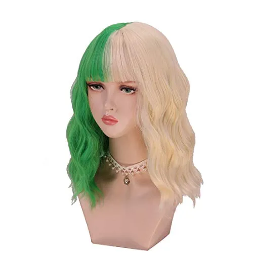 Half Blonde Half Green Wig With Bangs