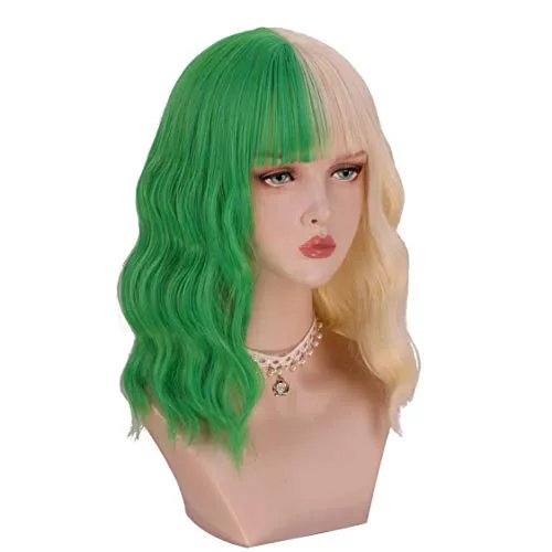 Half Blonde Half Green Wig With Bangs