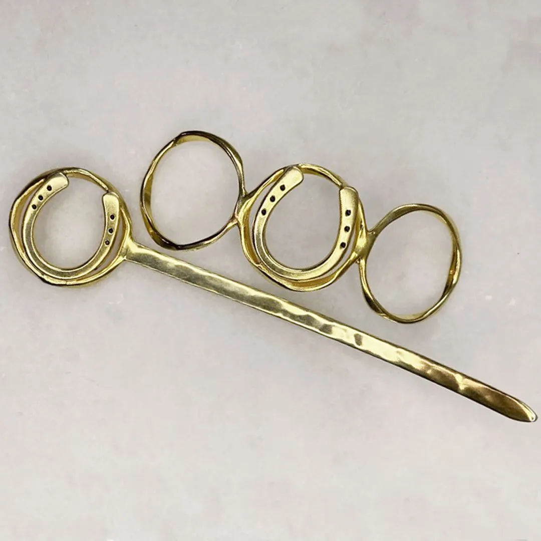 Handcast Horseshoe and 14k Gold on Brass Center Ring Bun Cover Hair Pin