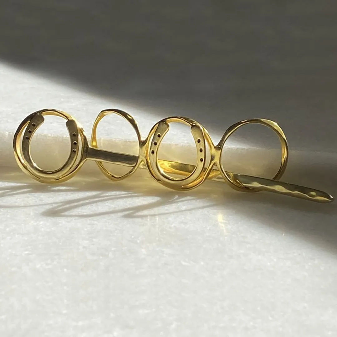 Handcast Horseshoe and 14k Gold on Brass Center Ring Bun Cover Hair Pin