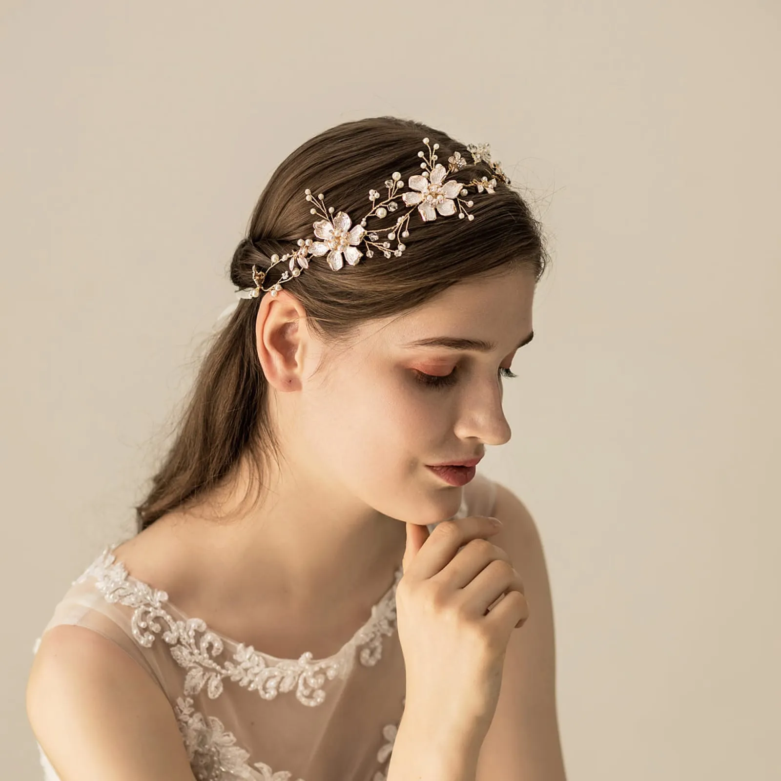 Handmade Alloy Artificial Flowers Crystal Pearls Wedding Hair Headband