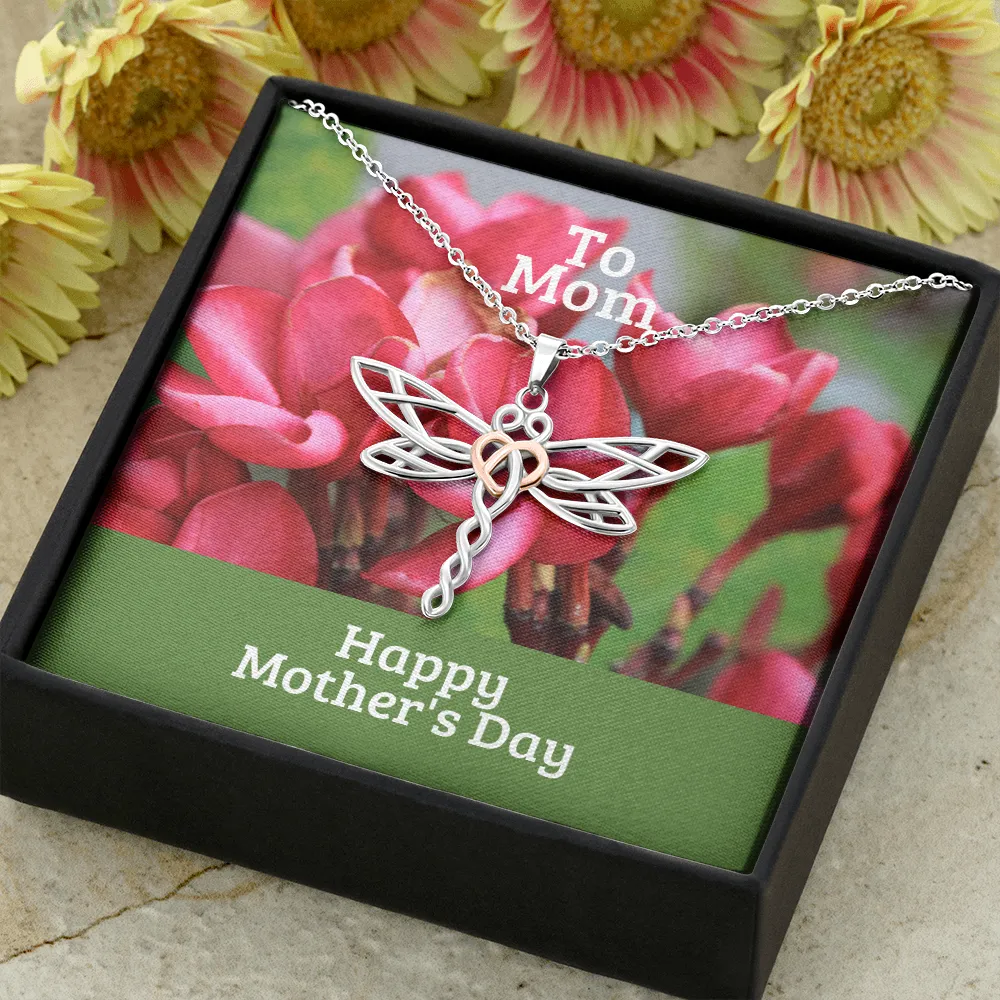 Happy Mother's Day to Mom Red Flowers Dragonfly Necklace